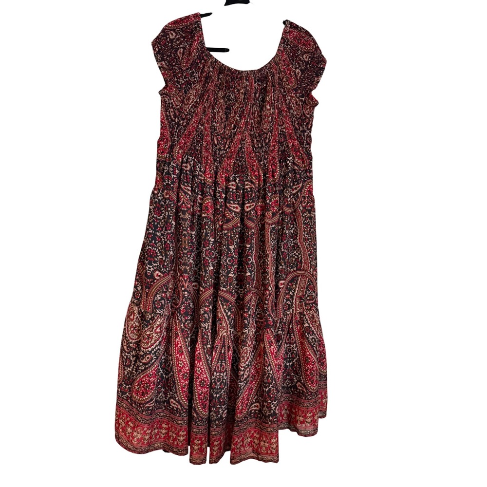 Beautiful Soul Boho Paisley Smocked Square Neck Maxi Dress Red Black Size A